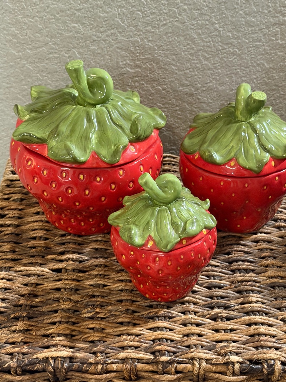 Set of 3 Ceramic Strawberry Canisters Jars with Lids Red Green Kitchen Decor